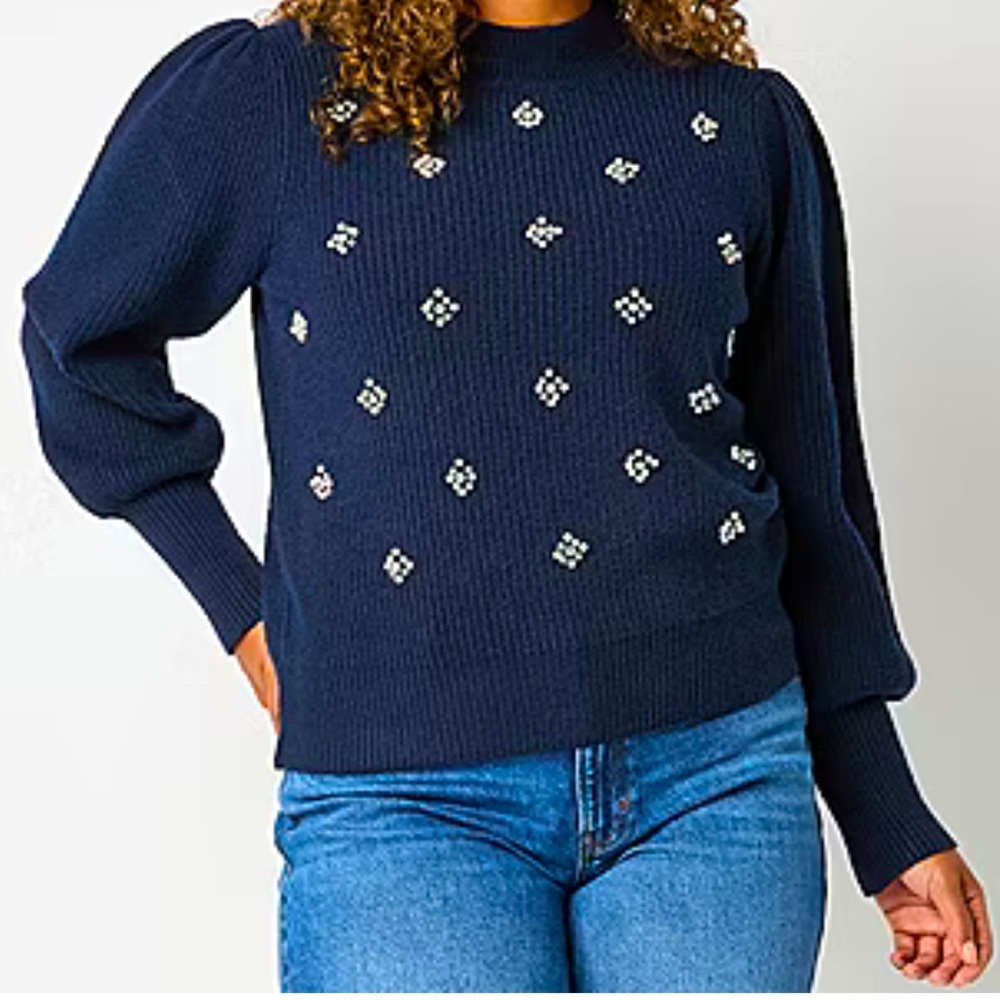 Liz Claiborne Embellished Navy Mock Neck Sweater - Picture 5 of 9